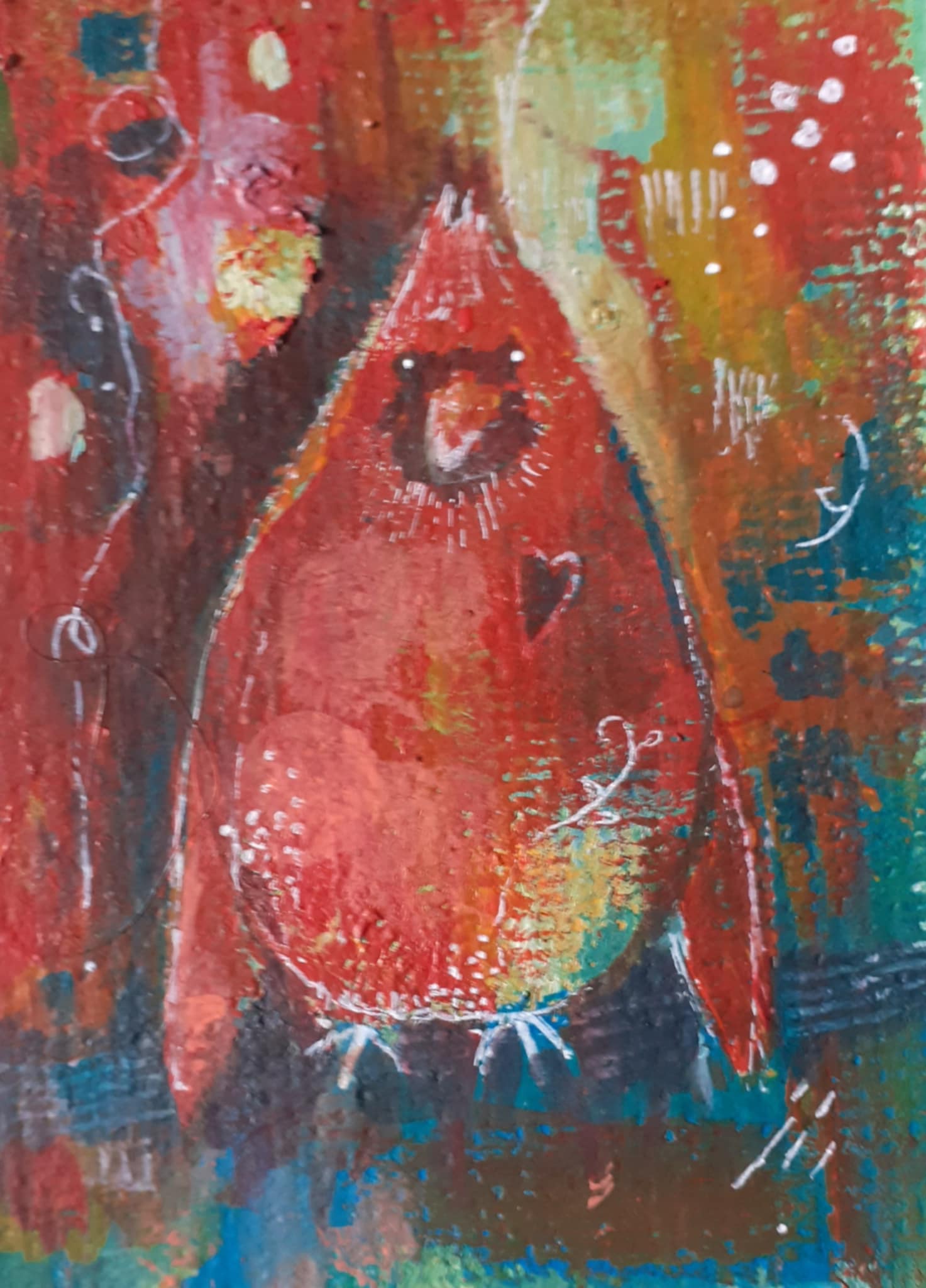 Cardinal painting. Painting of a whimsical cardinal standing on an abstract background deep reds and greens.