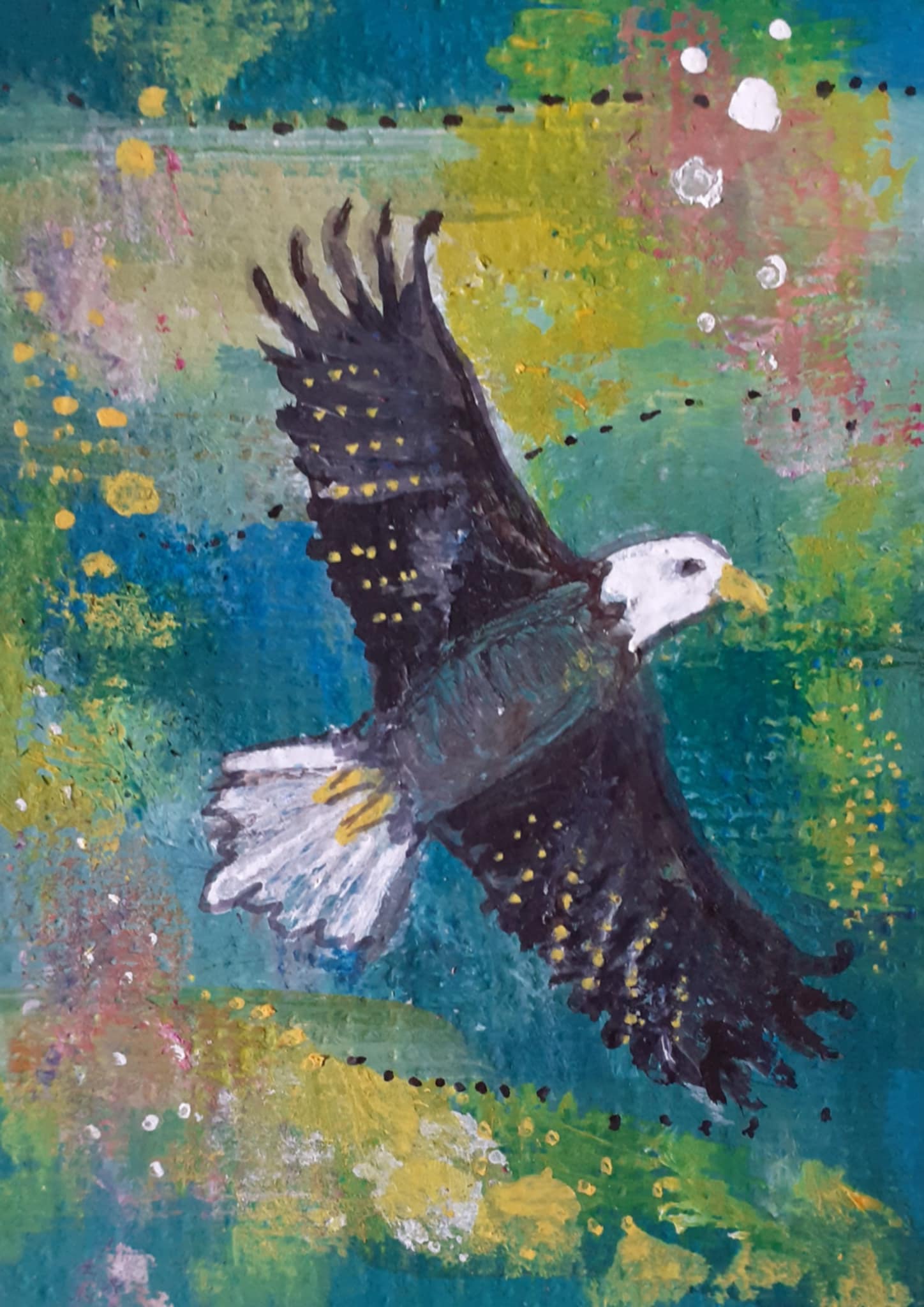 Eagle painting. Painting of a whimsical eagle- An eagle flies against an abstract sky of teal, yellow and pink