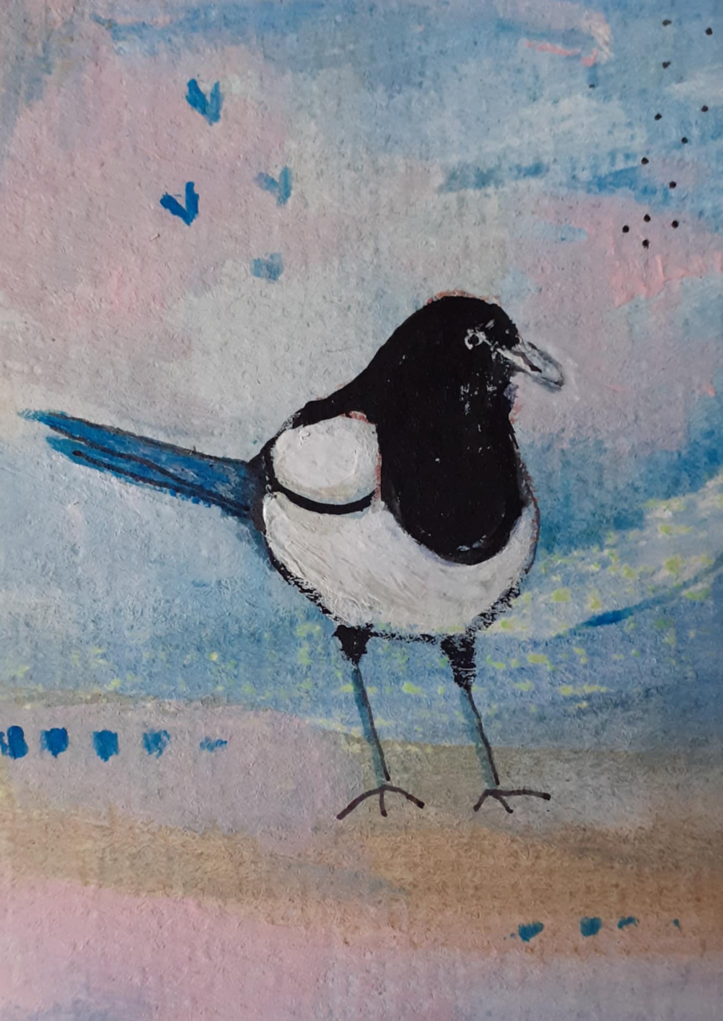 Magpie painting. Painting of a whimsical magpie standing against an soft abstract background of light blue, pink and yellow.