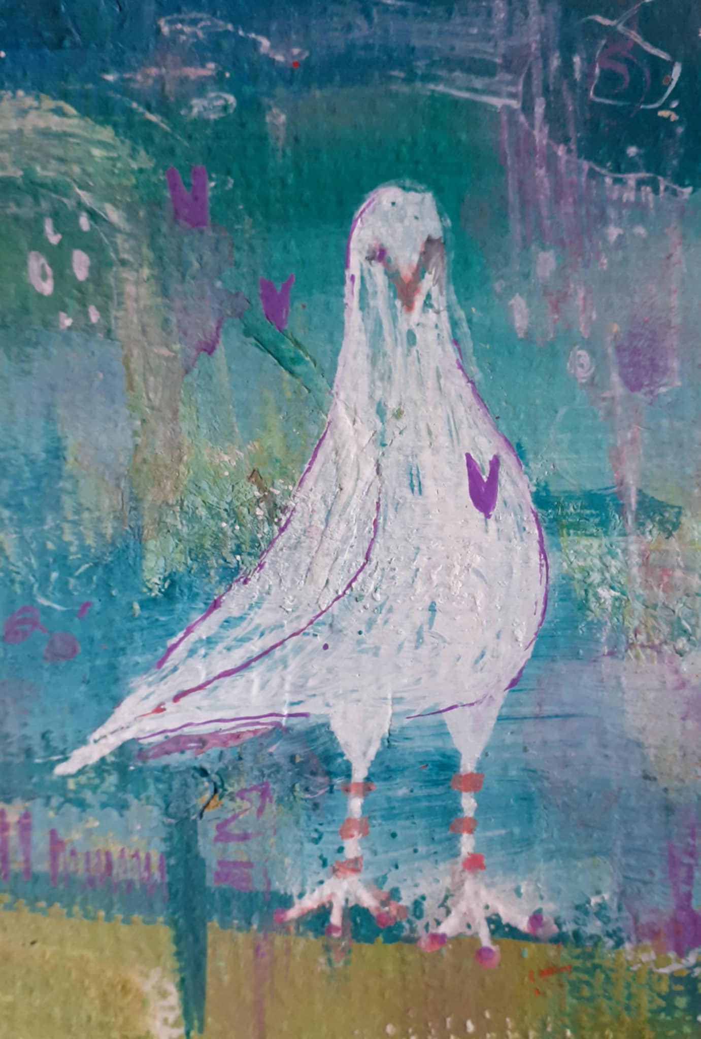 Dove painting. Painting of a whimsical dove- Quirky white dove is standing looking out from the painting against an abstract background of teals and purples.