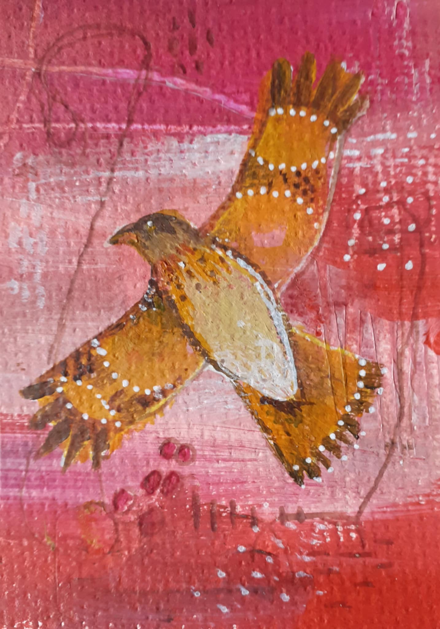 Hawk painting. Painting of a whimsical hawk gliding in the air on a background of abstract pinks and reds