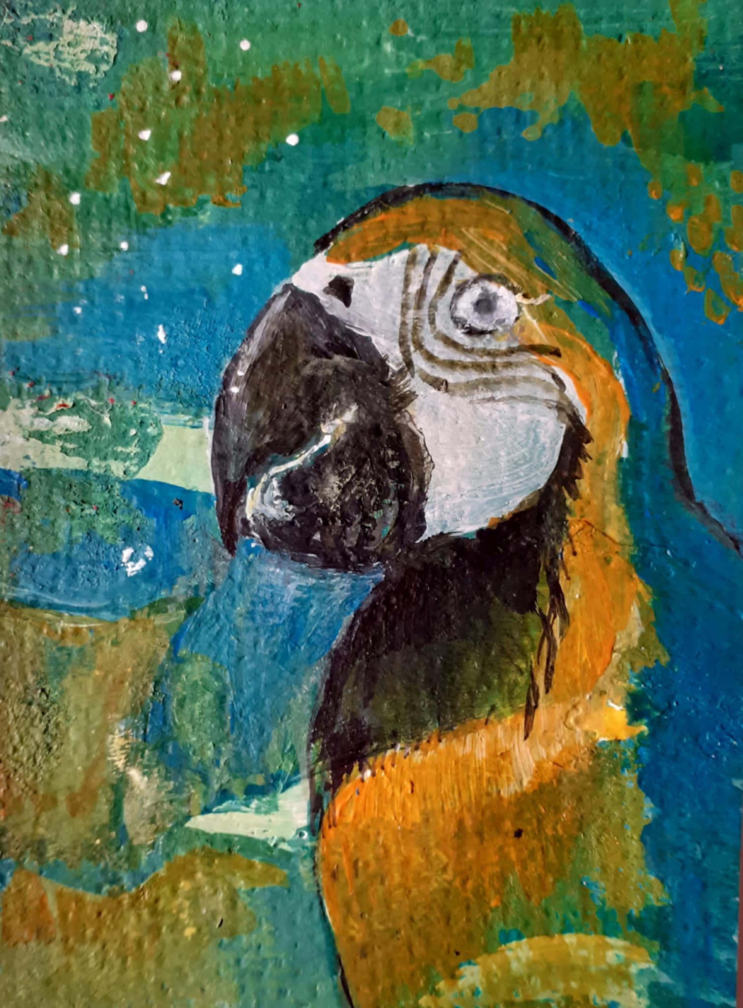 Parrot painting. Painting of a whimsical parrot standing against an abstract blue, green and orange background
