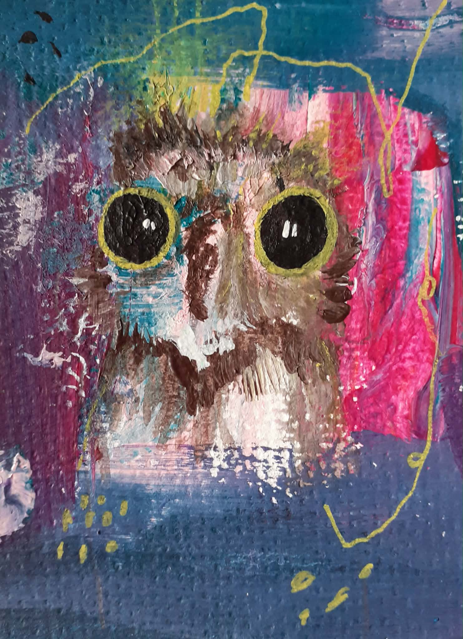 Potoo painting. Painting of a whimsical potoo bird on an abstract background of teal, purple and pinks.