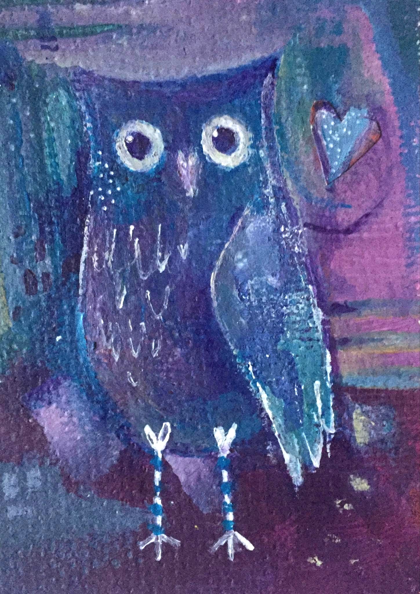 Owl painting. Painting of a whimsical owl - she is painted in tones of purple and blue and she stands against an abstract background of similar tones.