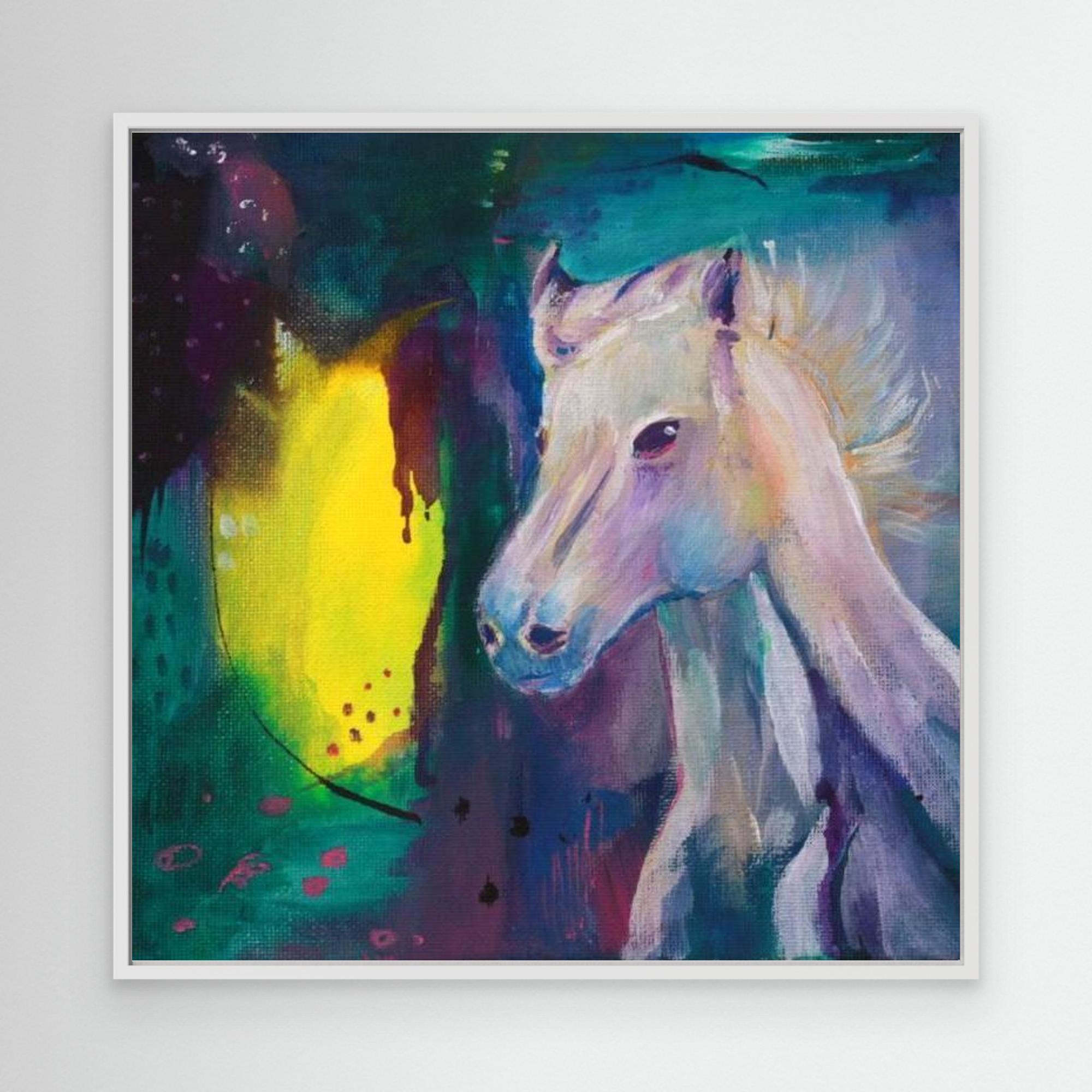 Horse canvas print. A white horse comes into the painting from the right of the painting against an indigo yellow and teal green background.