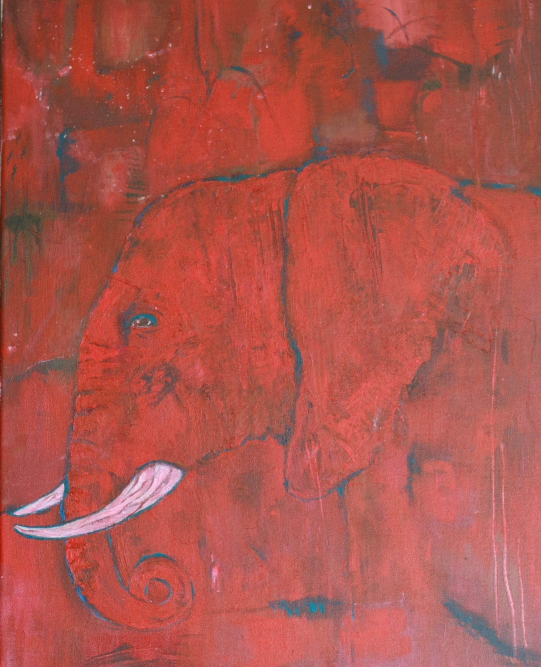 This soulful elephant painting was painted painted with the colours of the root chakra - fiery reds and earthy browns. It shows the head of the elephant filling up the space and merging with her abstract background.