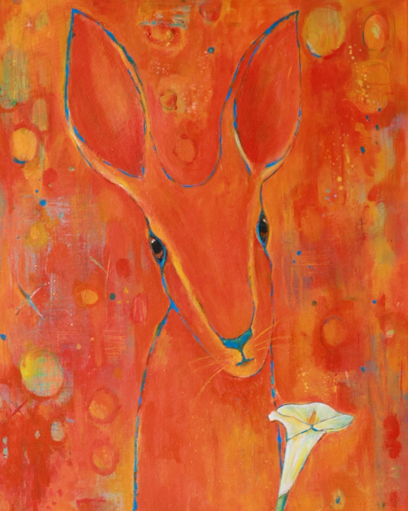 This whimsical hare painting was painted painted with the colours of the sacral chakra - fiery and soulful orange tones. The hare faces us with wisdom in her eyes holding a white lily which comes into view at the bottom of the painting.