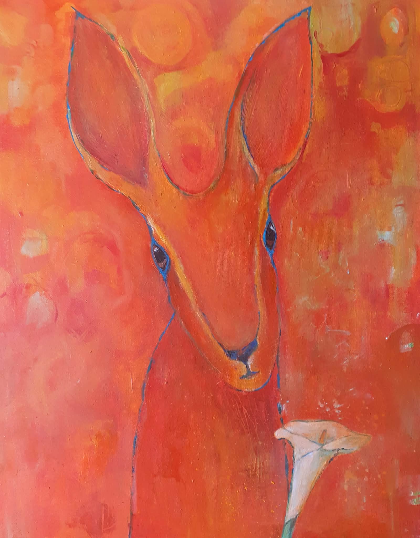 This whimsical hare painting was painted painted with the colours of the acral chakra - fiery and soulful orange tones. The hare faces us with wisdom in her eyes holding a white lily which comes into view at the bottom of the paitning.